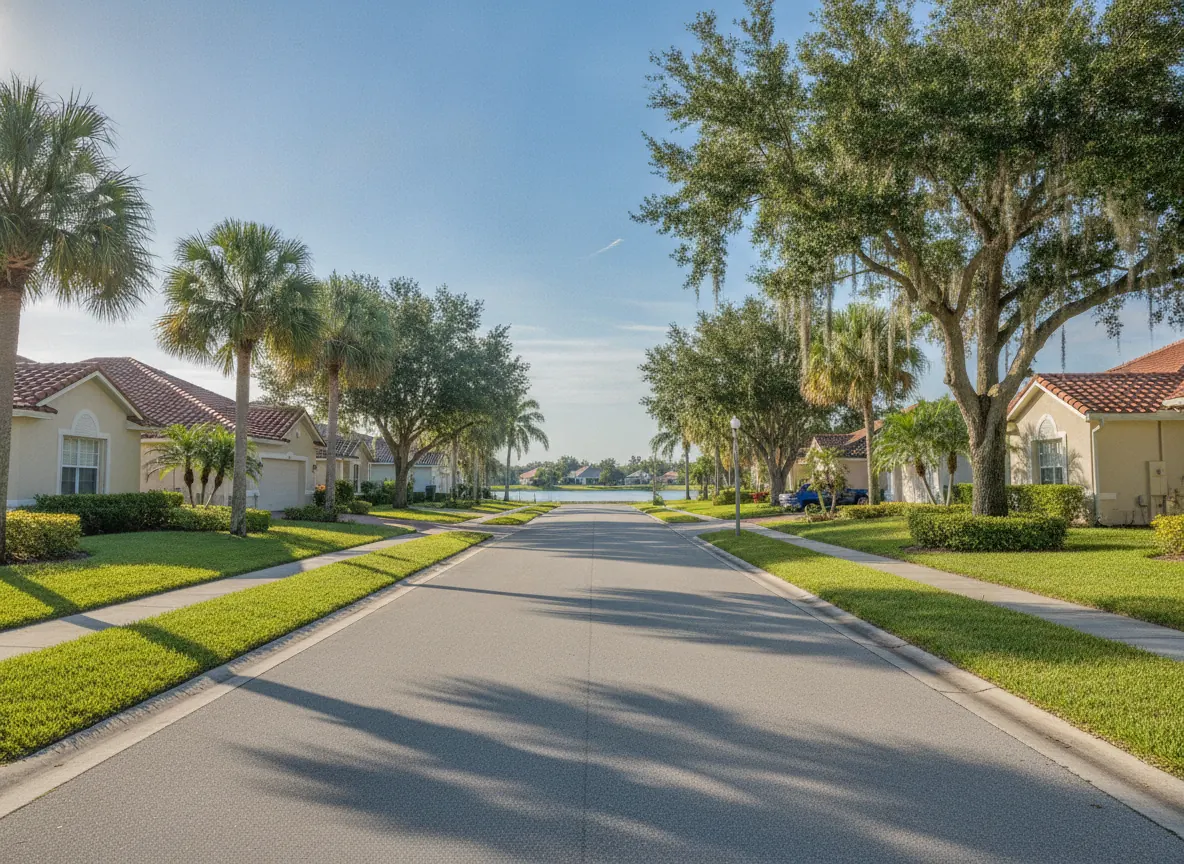 Central Florida street with stucco homes, palms, oaks and a lake