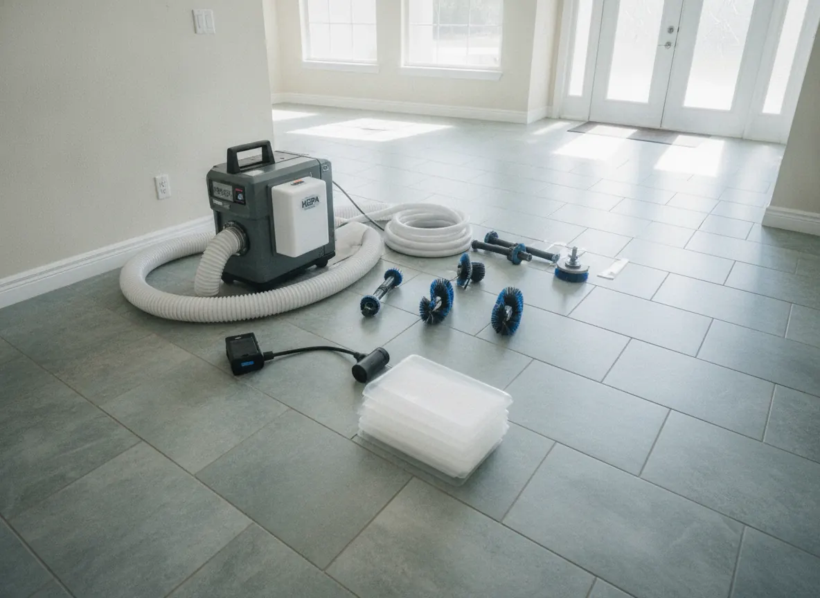 Duct cleaning equipment laid out in a tiled home entryway