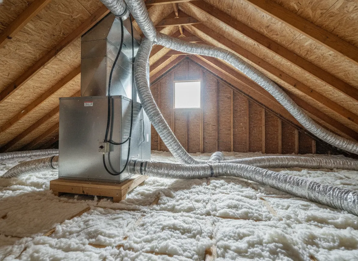 Florida attic with an air handler and flexible ducts over the trusses