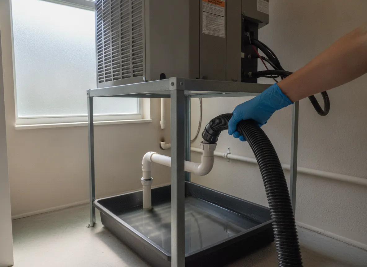 Wet-dry vacuum hose clearing an AC condensate drain line at the air handler