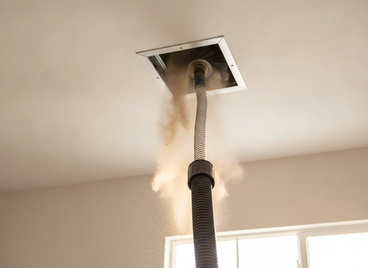 Rotary brush cleaning inside a ceiling air duct vent
